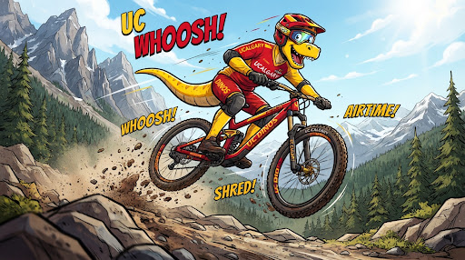 Cartoon UofC dinosaur mascot riding a mountain bike through a Rocky Mountain trail